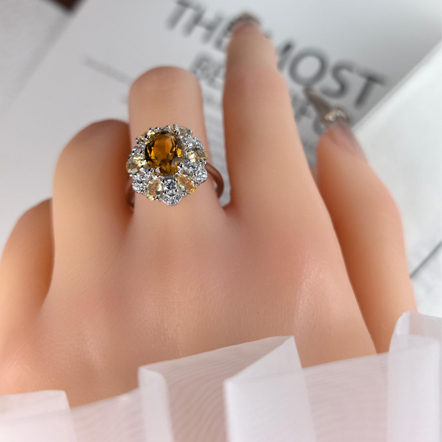 Brilliant Rhodium Plated 925 Silver Natural Citrine Oval Cut Gemstone Ring