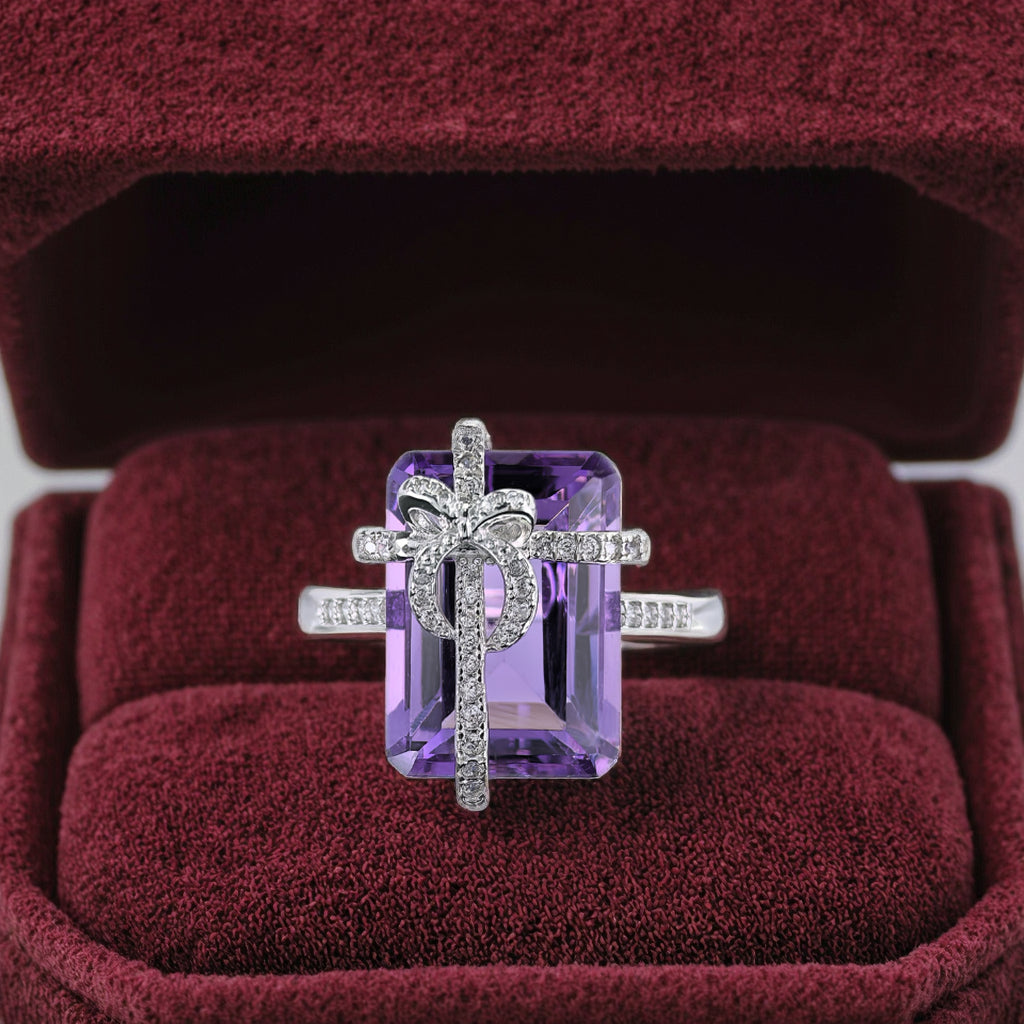 Romantic Rhodium Plated 925 Sterling Silver Natural Amethyst Bow Ring