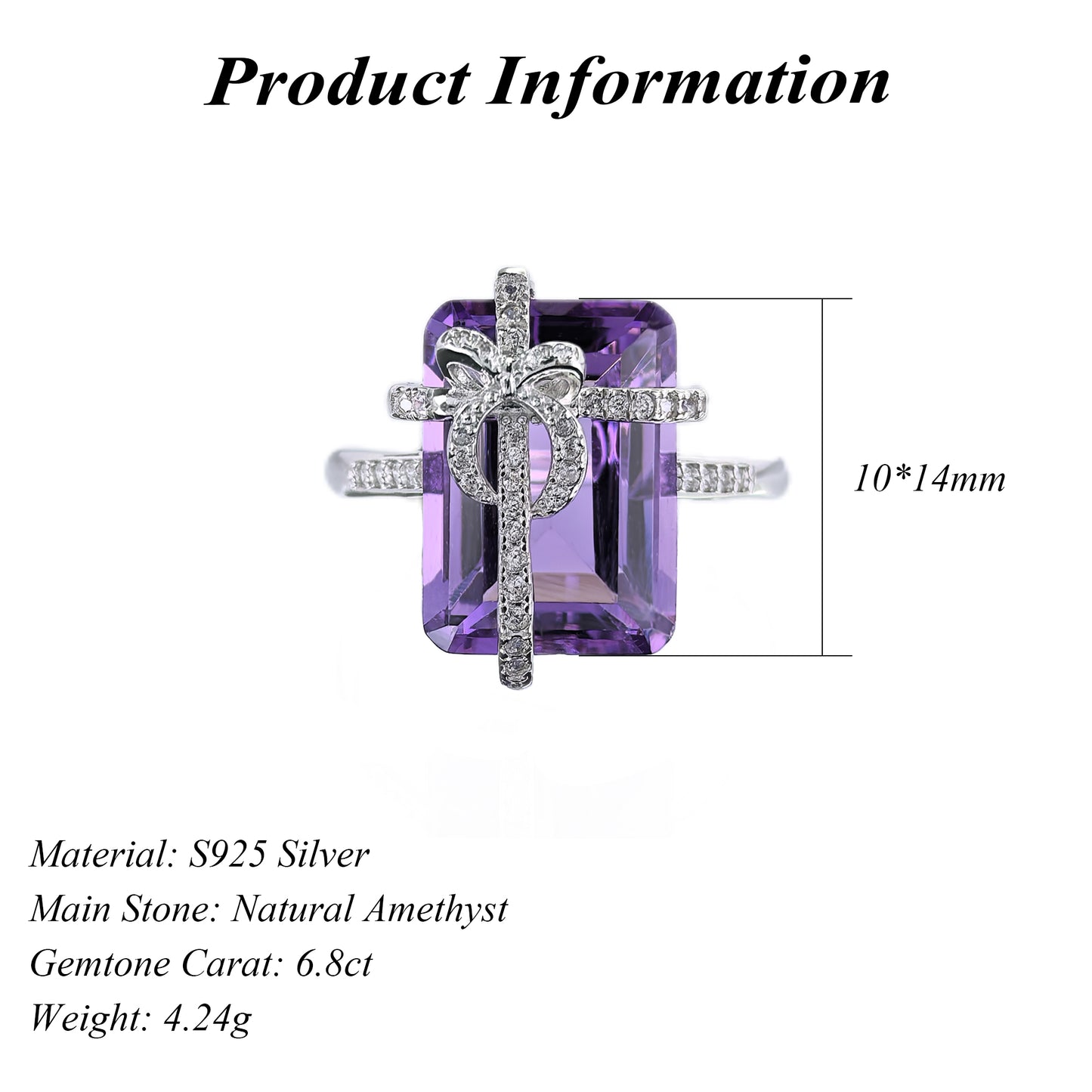 Romantic Rhodium Plated 925 Sterling Silver Natural Amethyst Bow Ring