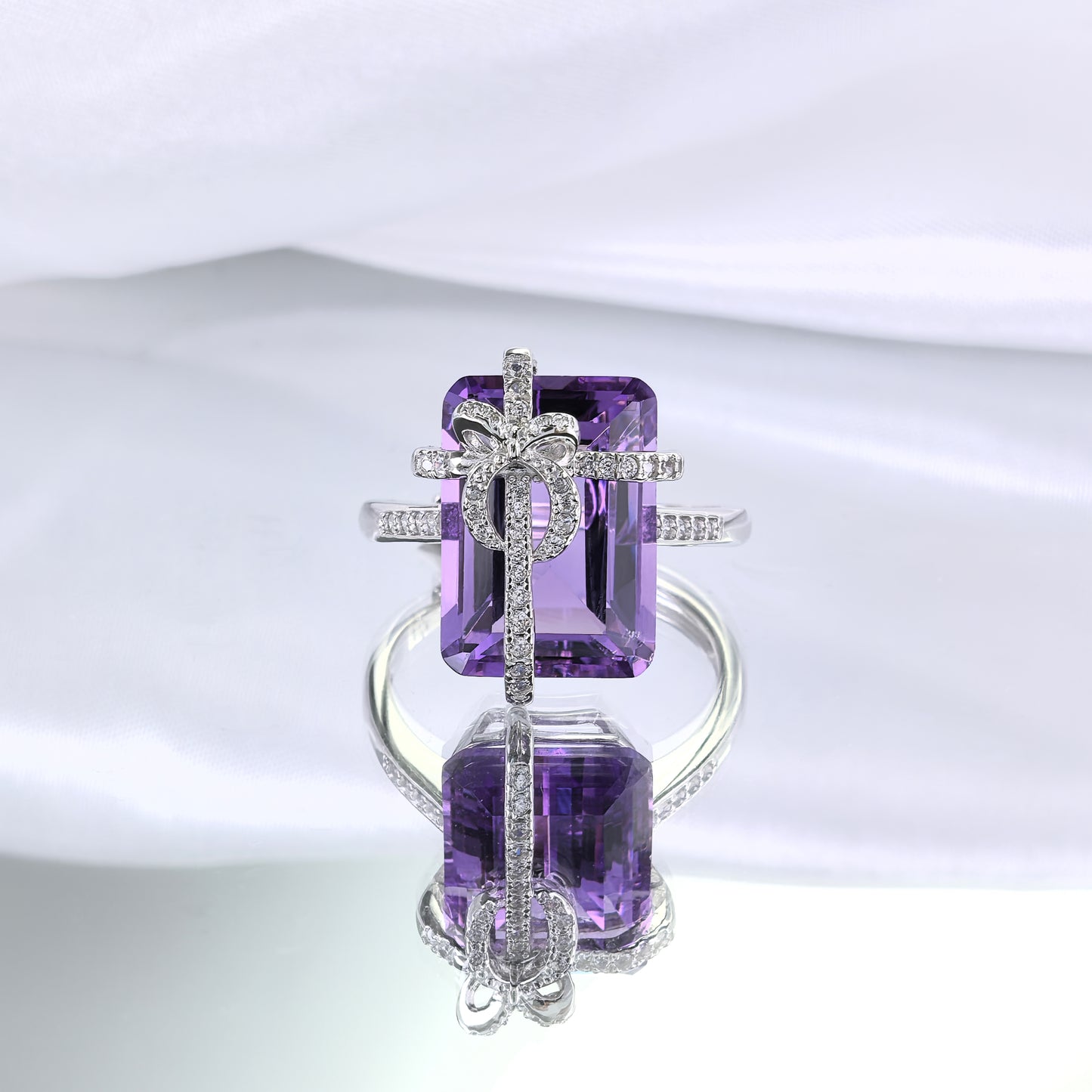 Romantic Rhodium Plated 925 Sterling Silver Natural Amethyst Bow Ring