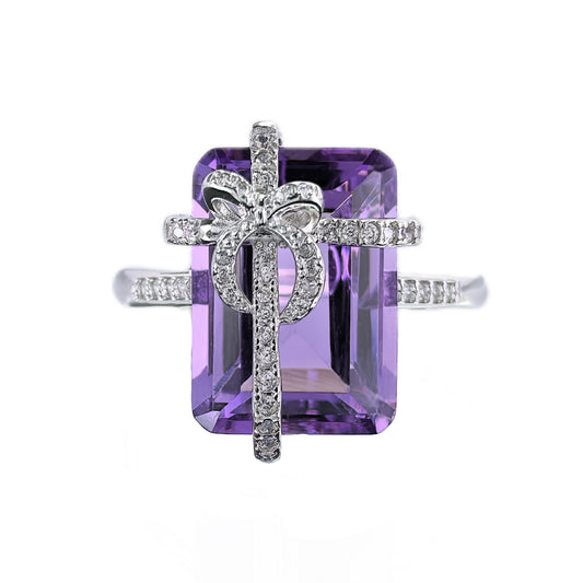 Romantic Rhodium Plated 925 Sterling Silver Natural Amethyst Bow Ring