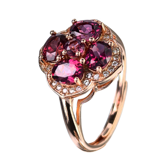 Elegant Rose Gold Plated Silver 925 Jewelry Natural Pyrope Four Leaf Clover Ring