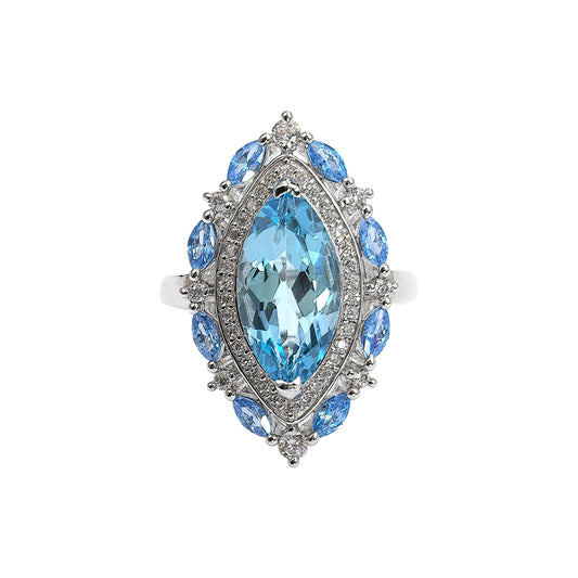 Wholesale Rhodium Plated 925 Sterling Silver Natural Topaz Swiss Blue Gemstone Marquise Cut Ring