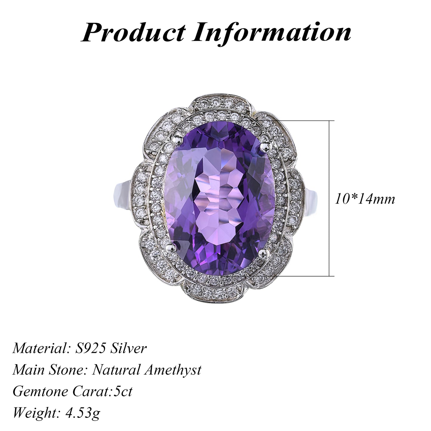 Noble 925 Sterling Silver Ring Rhodium Plated Oval Cut Natural Amethyst Ring