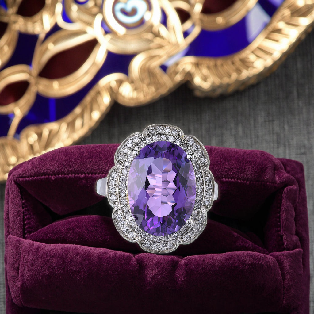 Noble 925 Sterling Silver Ring Rhodium Plated Oval Cut Natural Amethyst Ring