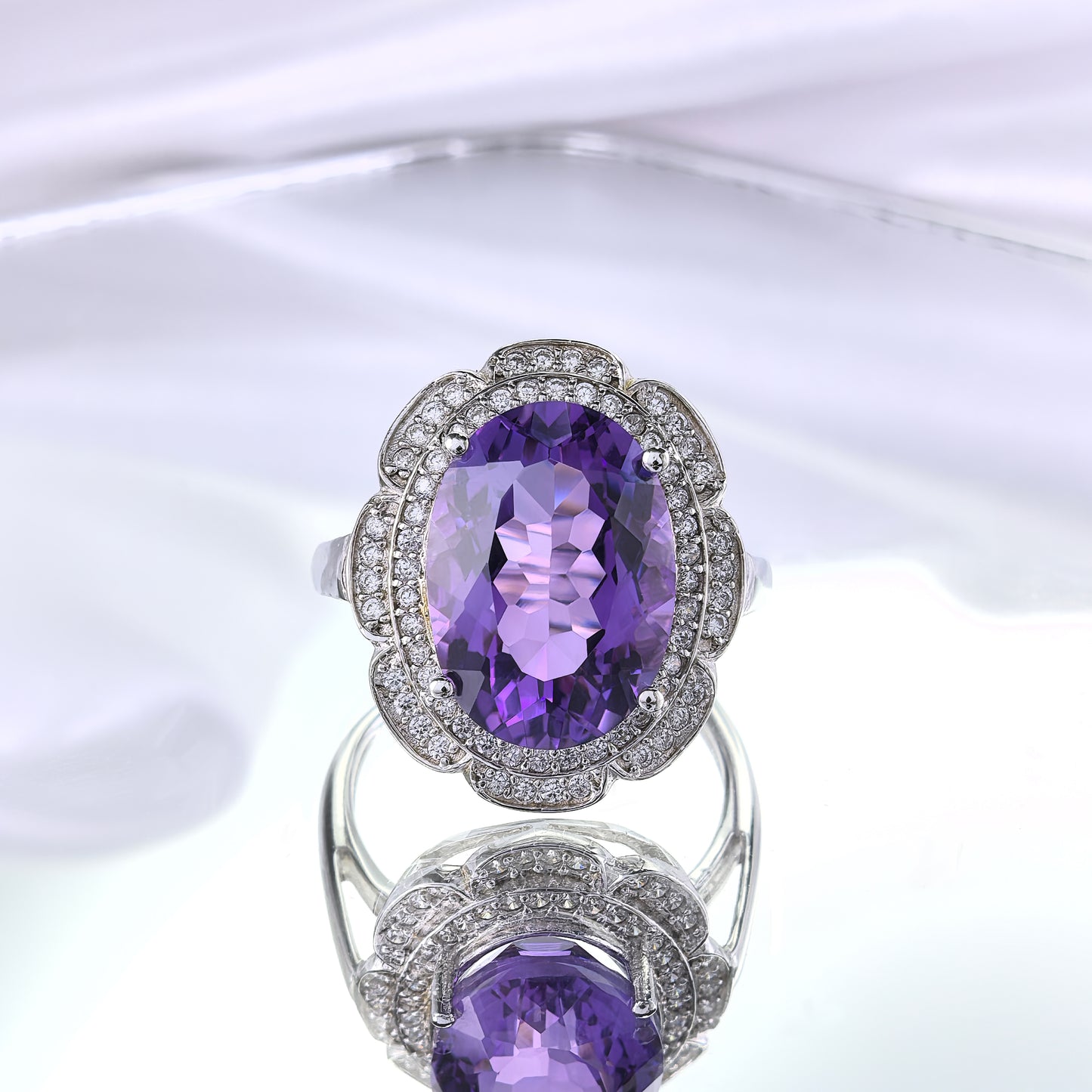 Noble 925 Sterling Silver Ring Rhodium Plated Oval Cut Natural Amethyst Ring