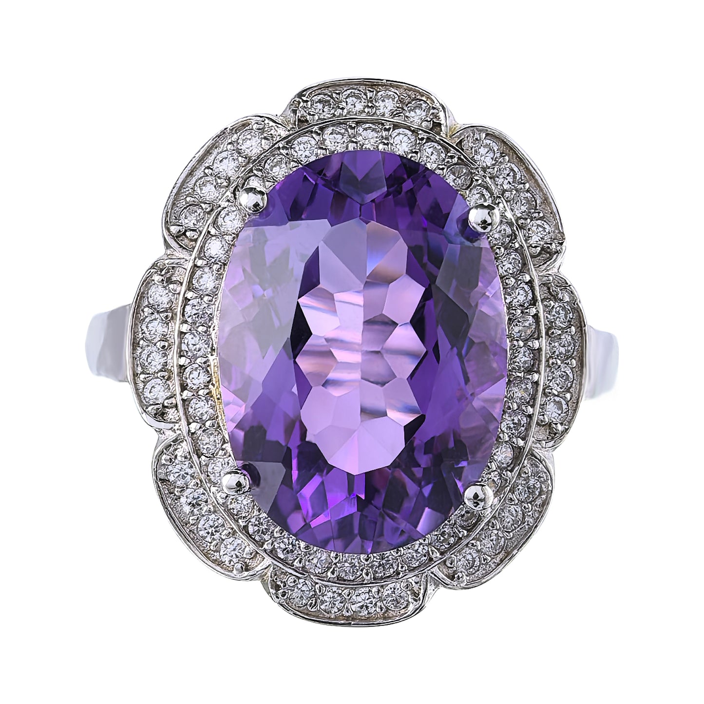 Noble 925 Sterling Silver Ring Rhodium Plated Oval Cut Natural Amethyst Ring