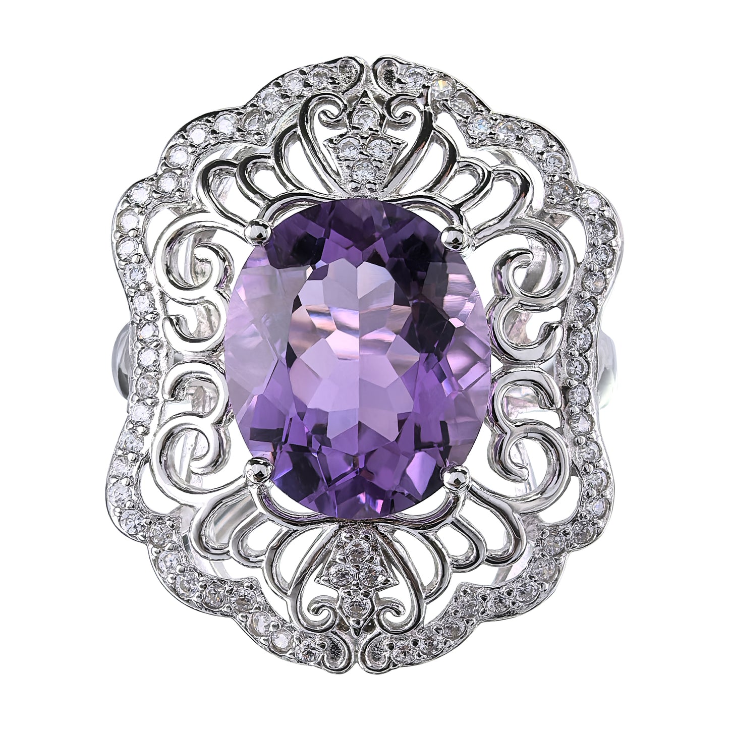 Artistic Rhodium Plated Sterling Silver 925 Natural Amethyst Ring