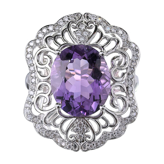Artistic Rhodium Plated Sterling Silver 925 Natural Amethyst Ring