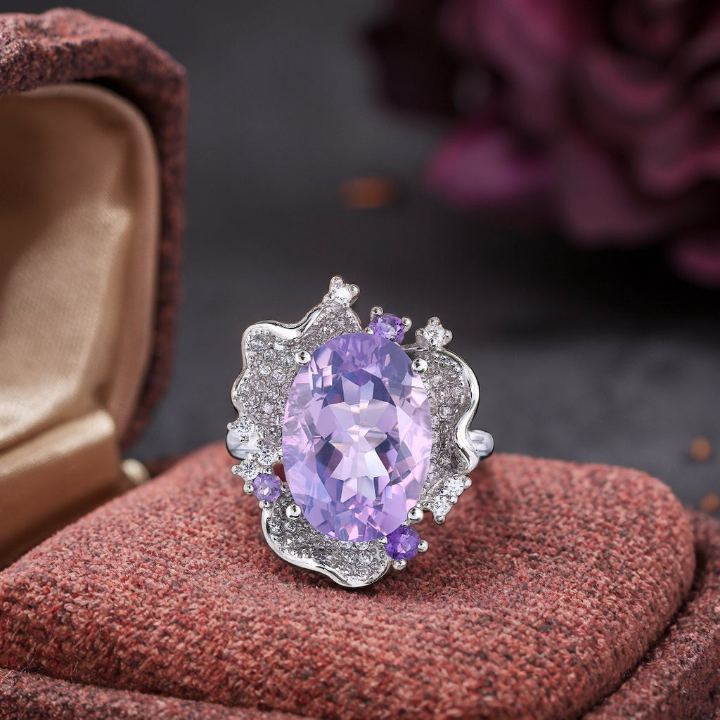 Elegant Rhodium Plated 925 Silver Jewelry Natural Amethyst Ring