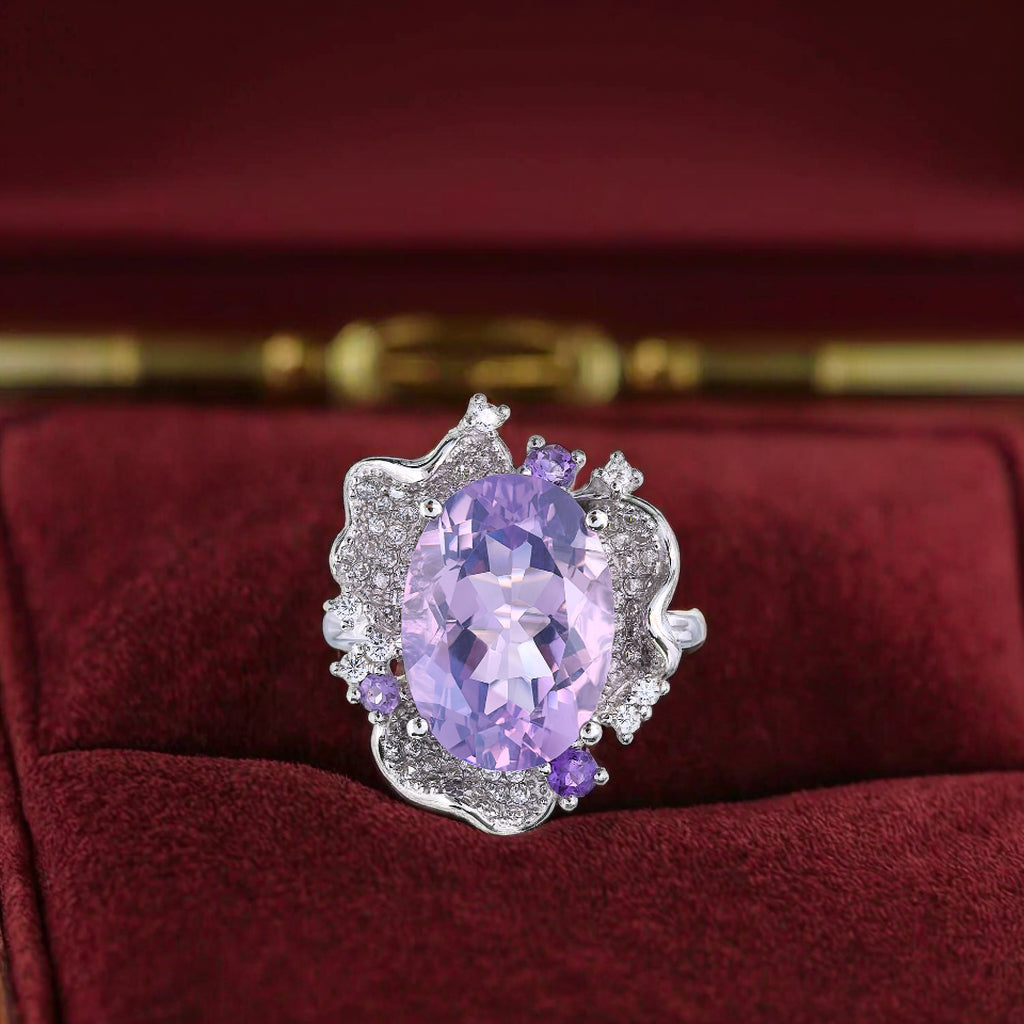 Elegant Rhodium Plated 925 Silver Jewelry Natural Amethyst Ring