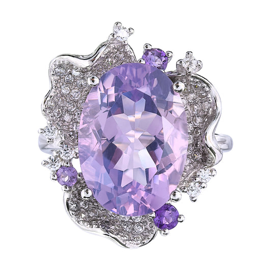Elegant Rhodium Plated 925 Silver Jewelry Natural Amethyst Ring