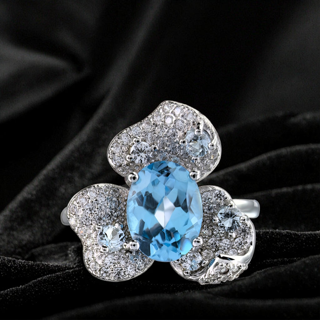 Elegant Rhodium Plated 925 Silver Jewelry Natural Swiss Blue Topaz Flower Ring