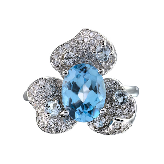 Elegant Rhodium Plated 925 Silver Jewelry Natural Swiss Blue Topaz Flower Ring