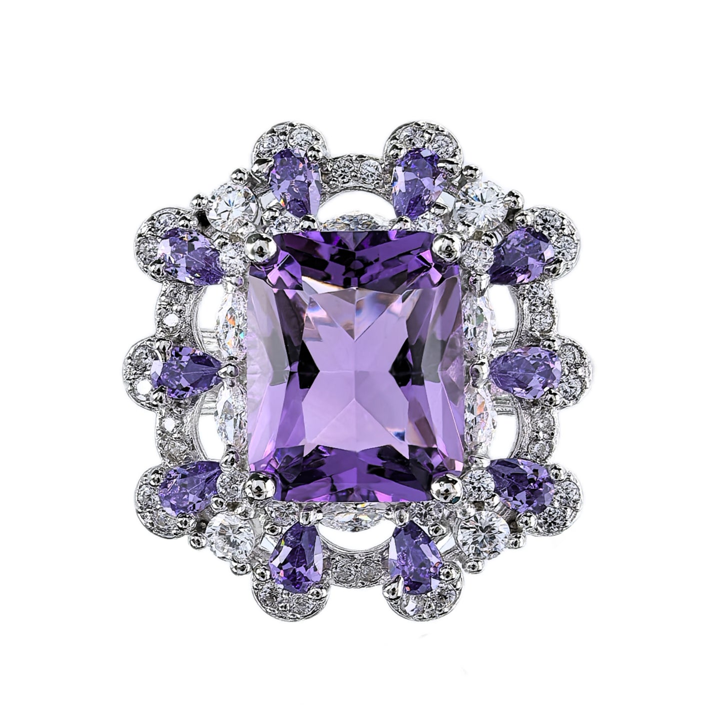 Vintage Style Dazzling Rhodium Plated 925 Silver Natural Amethyst Flower Ring