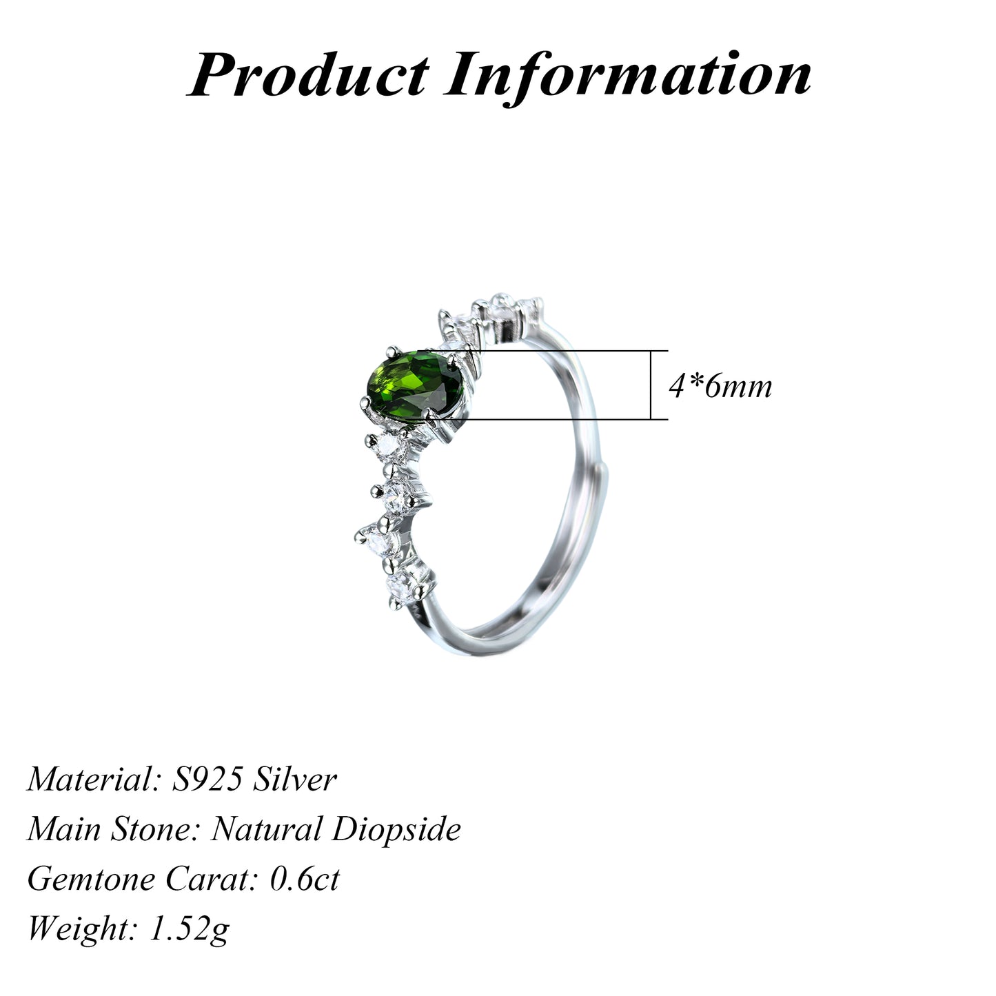 925 Silver Rhodium Plated Jewelry Exquisite Natural Diopside Gemstone Ring