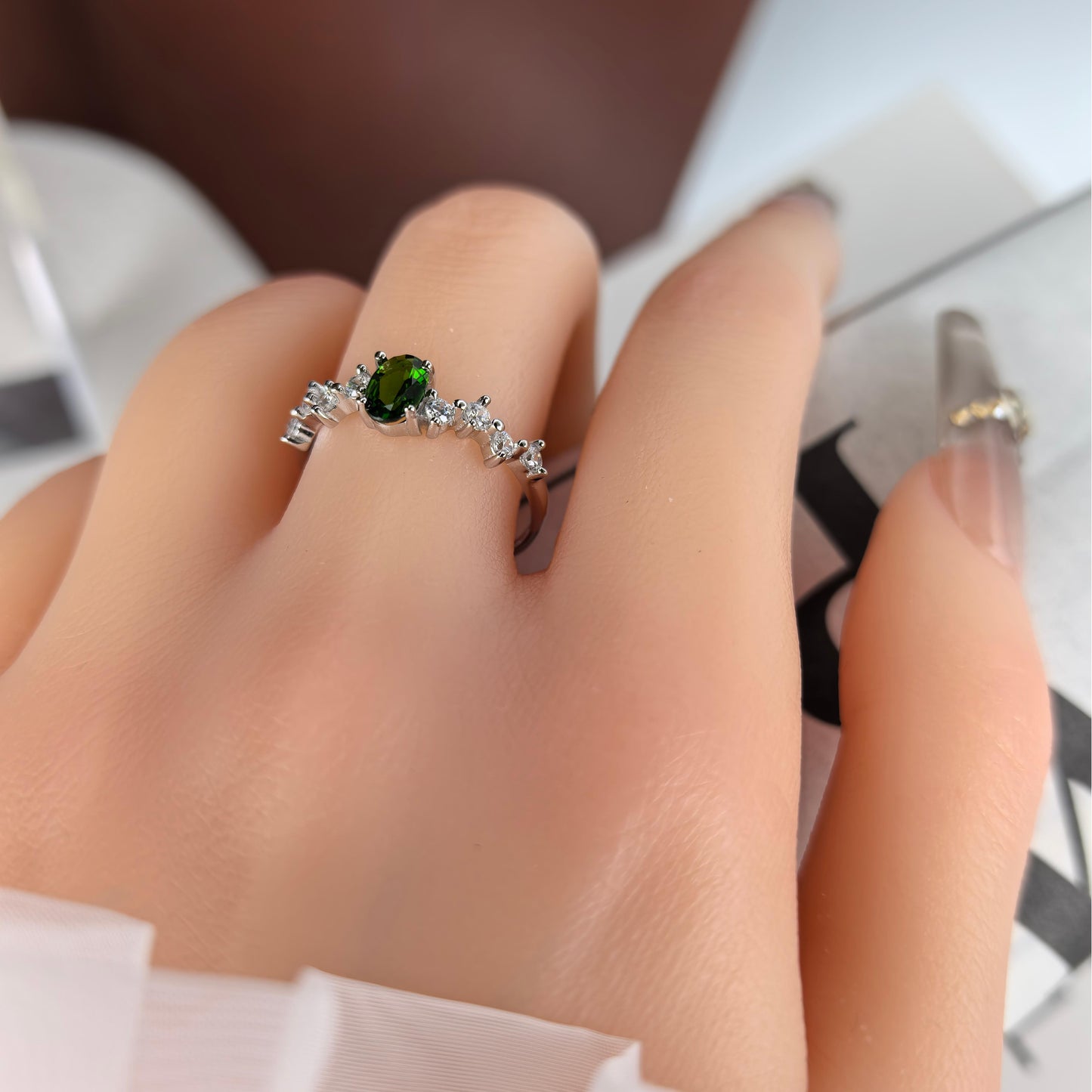 925 Silver Rhodium Plated Jewelry Exquisite Natural Diopside Gemstone Ring