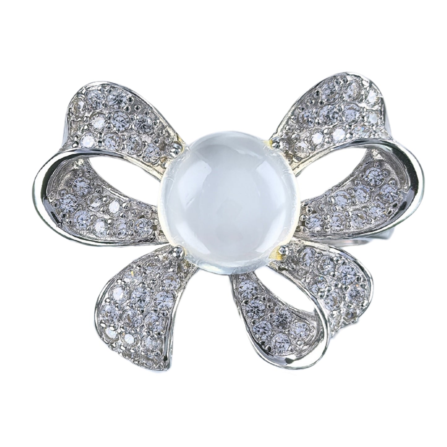 Romantic Rhodium Plated Silver 925 Jewelry Natural Moonstone Bow Ring