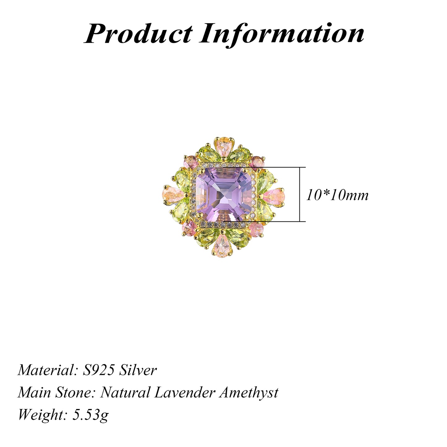 Elegant Dual Color Plated Silver 925 Jewelry Natural Lavender Amethyst Flower Ring