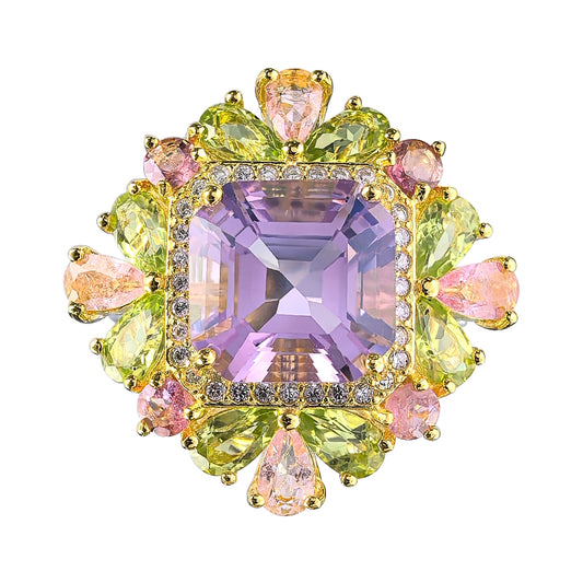 Elegant Dual Color Plated Silver 925 Jewelry Natural Lavender Amethyst Flower Ring