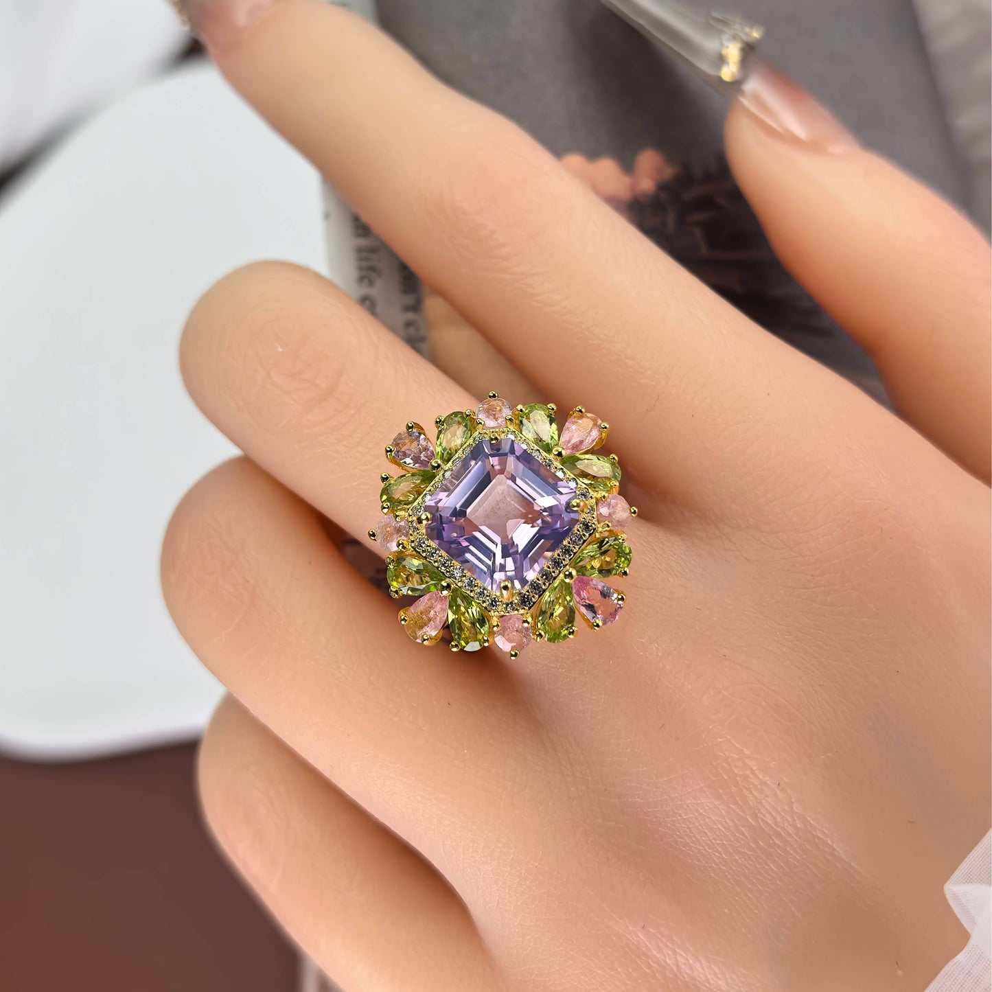Elegant Dual Color Plated Silver 925 Jewelry Natural Lavender Amethyst Flower Ring