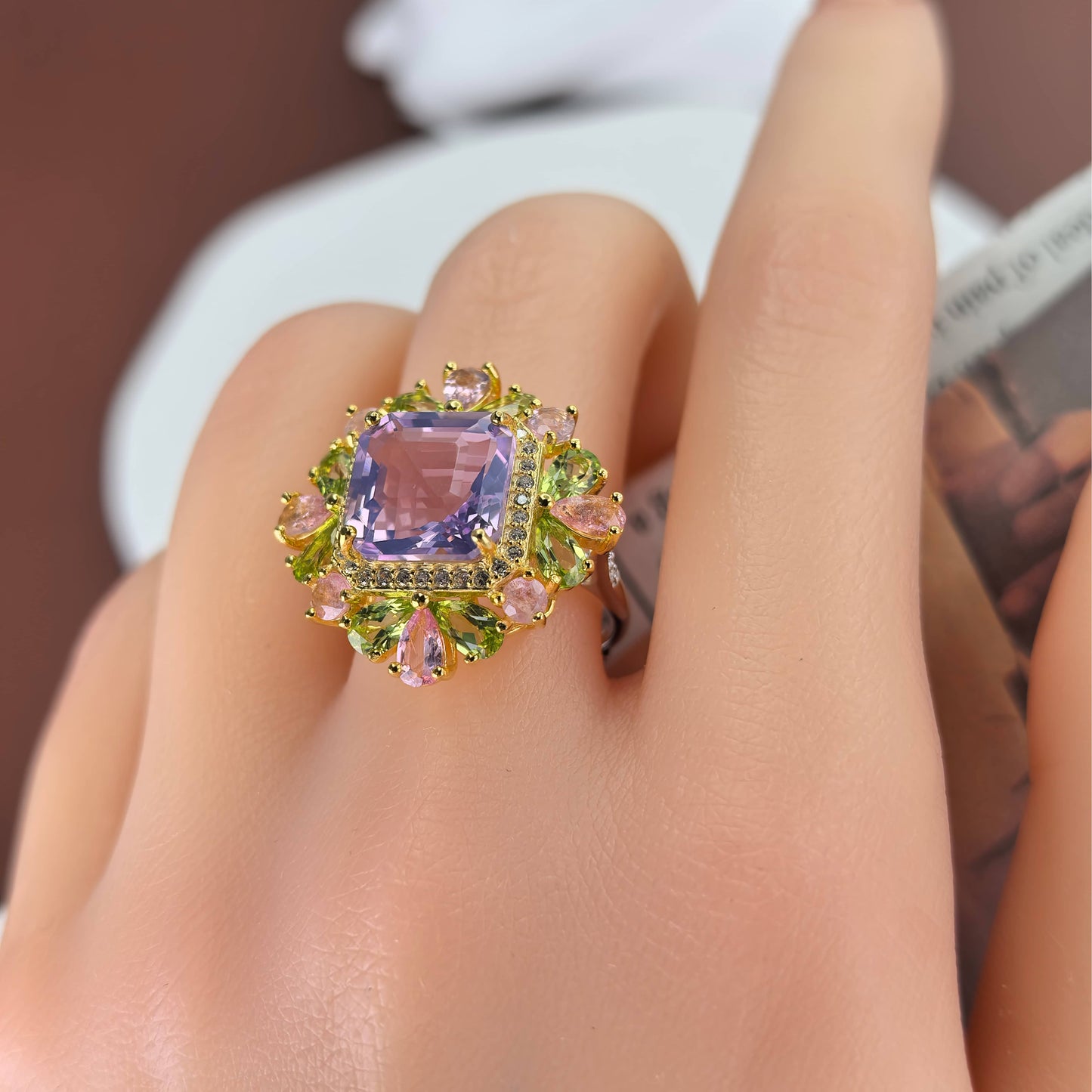 Elegant Dual Color Plated Silver 925 Jewelry Natural Lavender Amethyst Flower Ring