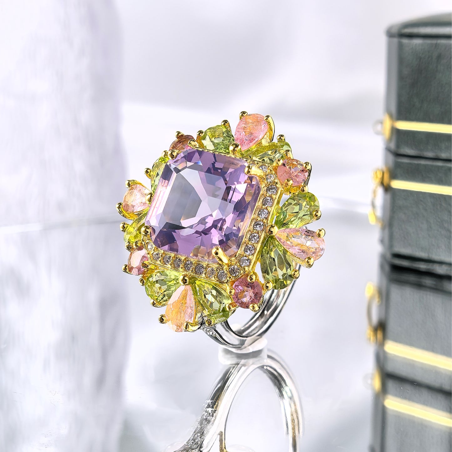 Elegant Dual Color Plated Silver 925 Jewelry Natural Lavender Amethyst Flower Ring