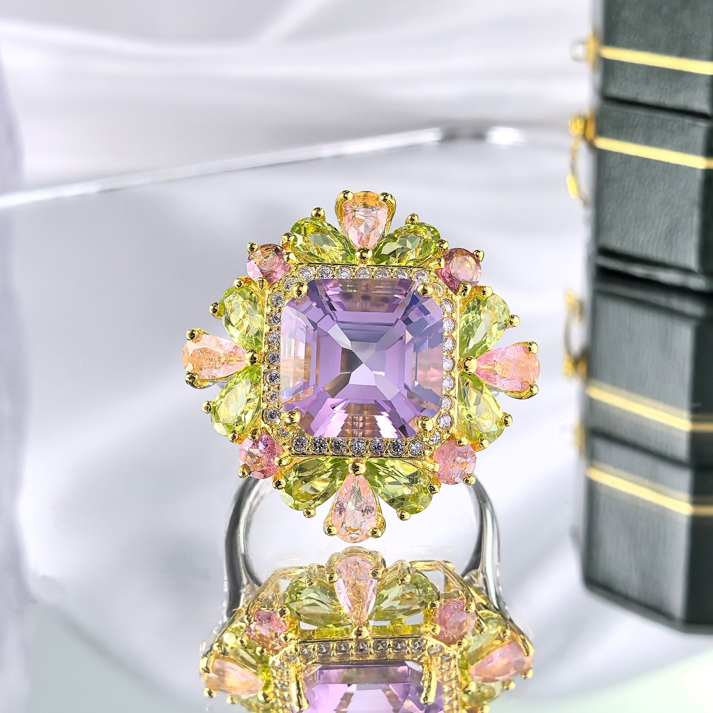 Elegant Dual Color Plated Silver 925 Jewelry Natural Lavender Amethyst Flower Ring