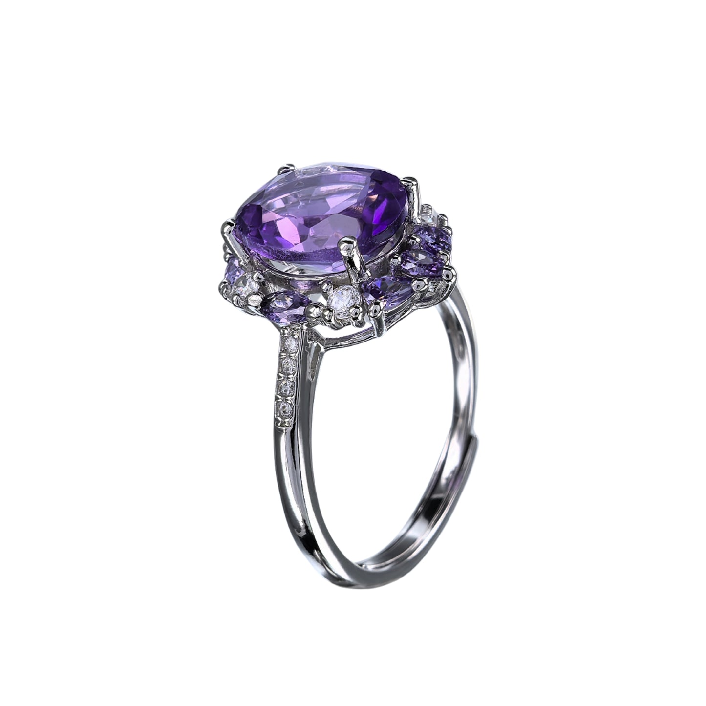 Elegant Rhodium Plated Silver 925 Oval Cut Natural Amethyst Gemstone Ring