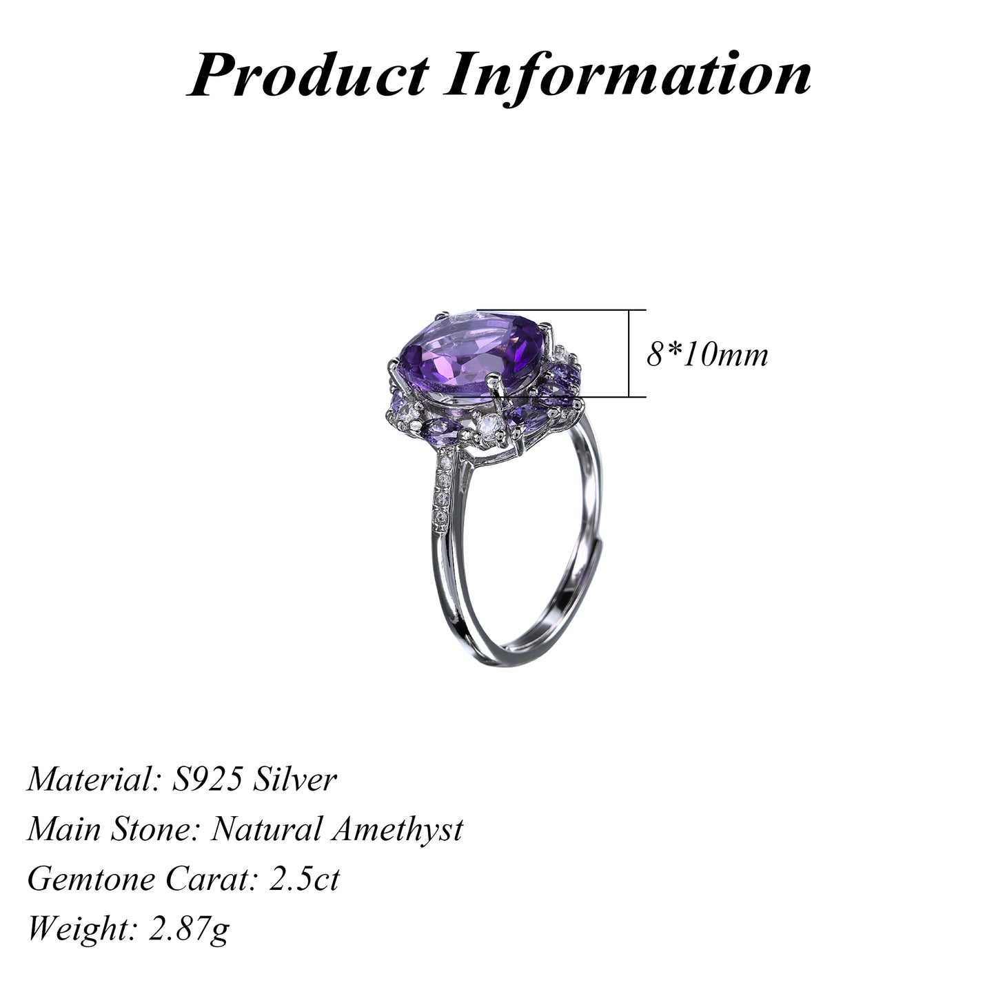 Elegant Rhodium Plated Silver 925 Oval Cut Natural Amethyst Gemstone Ring