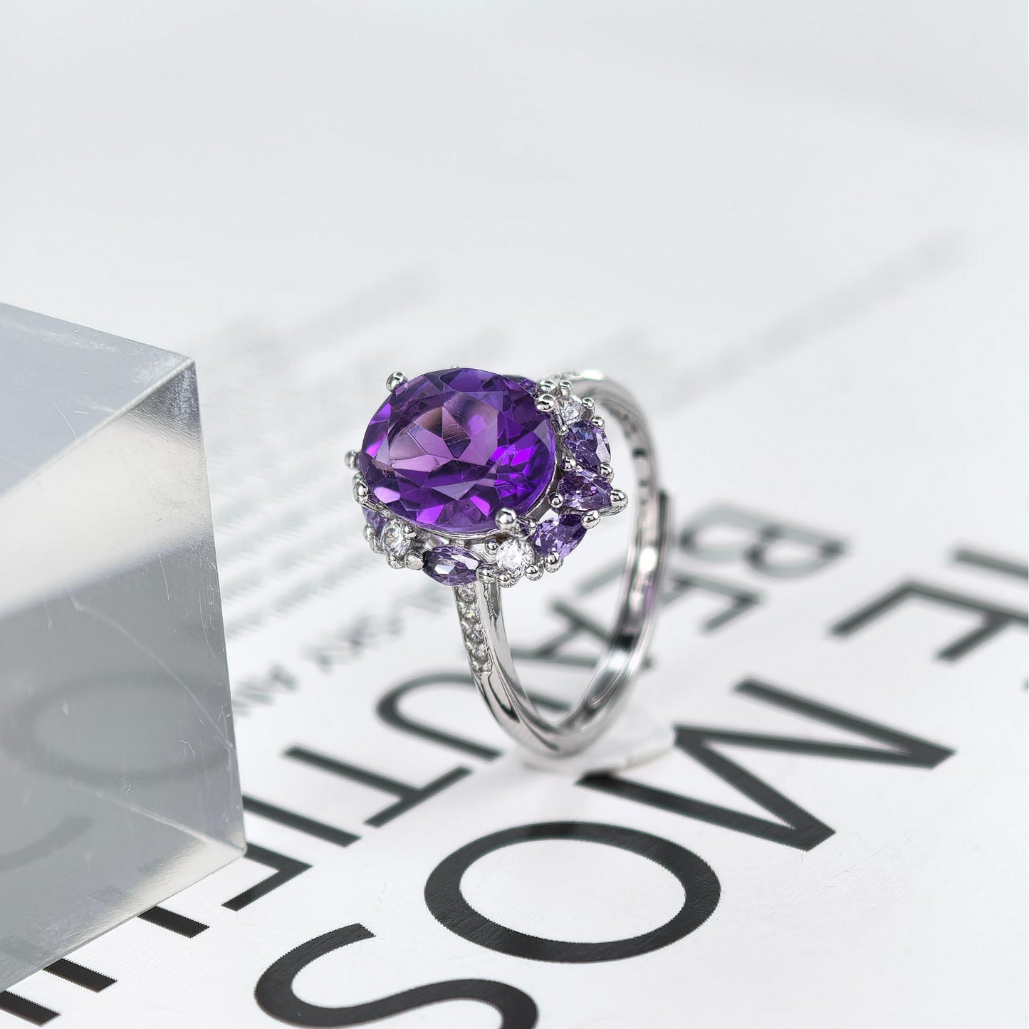 Elegant Rhodium Plated Silver 925 Oval Cut Natural Amethyst Gemstone Ring