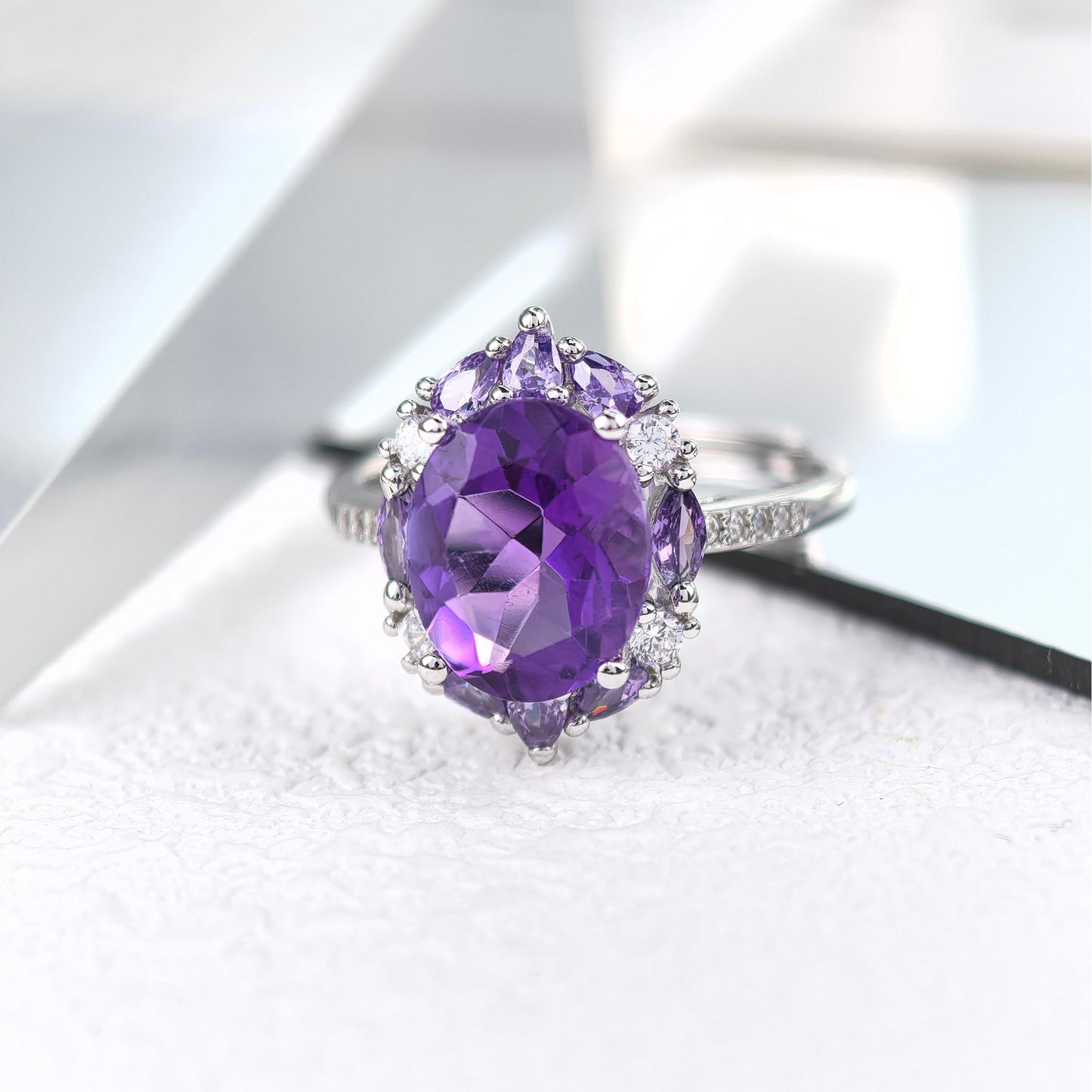 Elegant Rhodium Plated Silver 925 Oval Cut Natural Amethyst Gemstone Ring