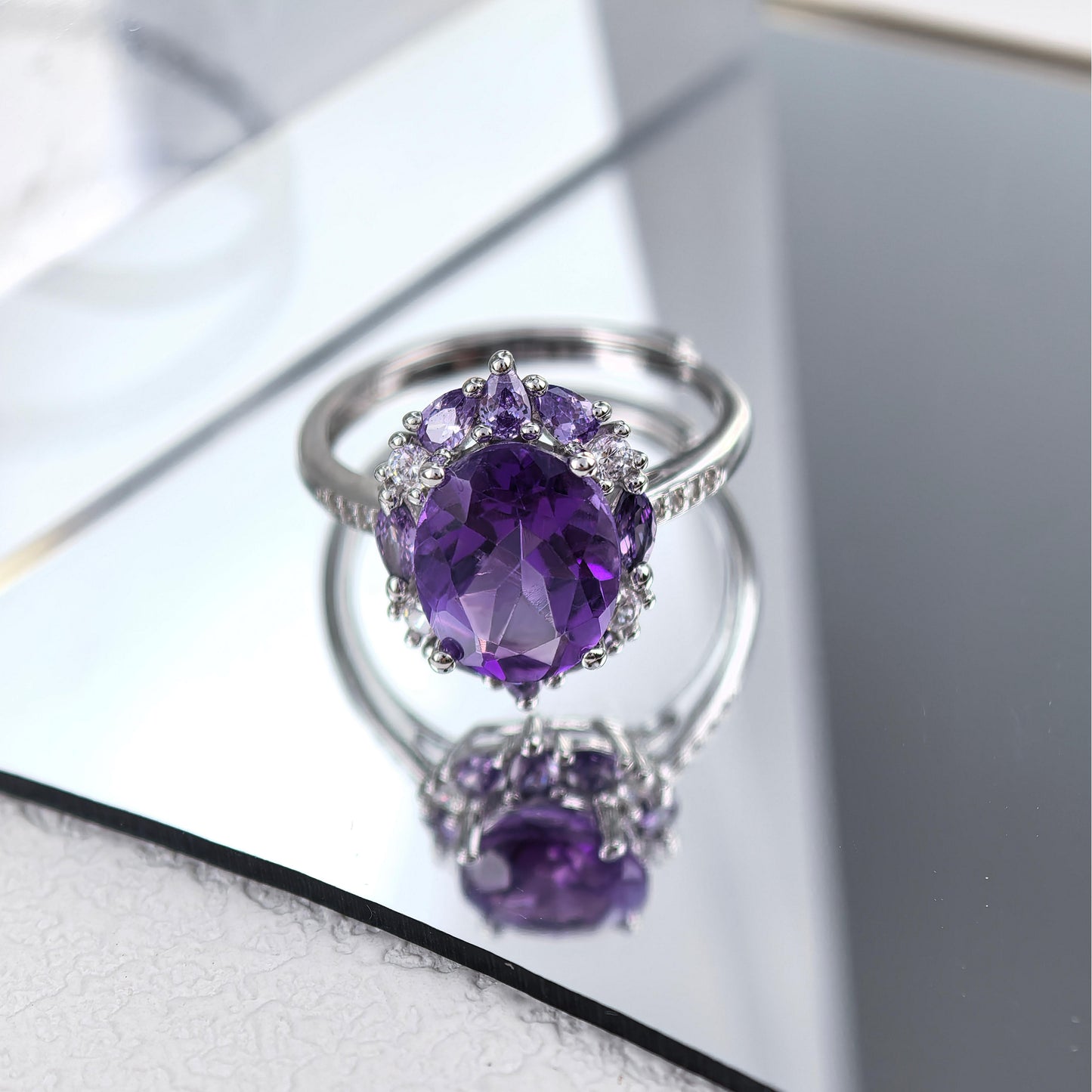 Elegant Rhodium Plated Silver 925 Oval Cut Natural Amethyst Gemstone Ring