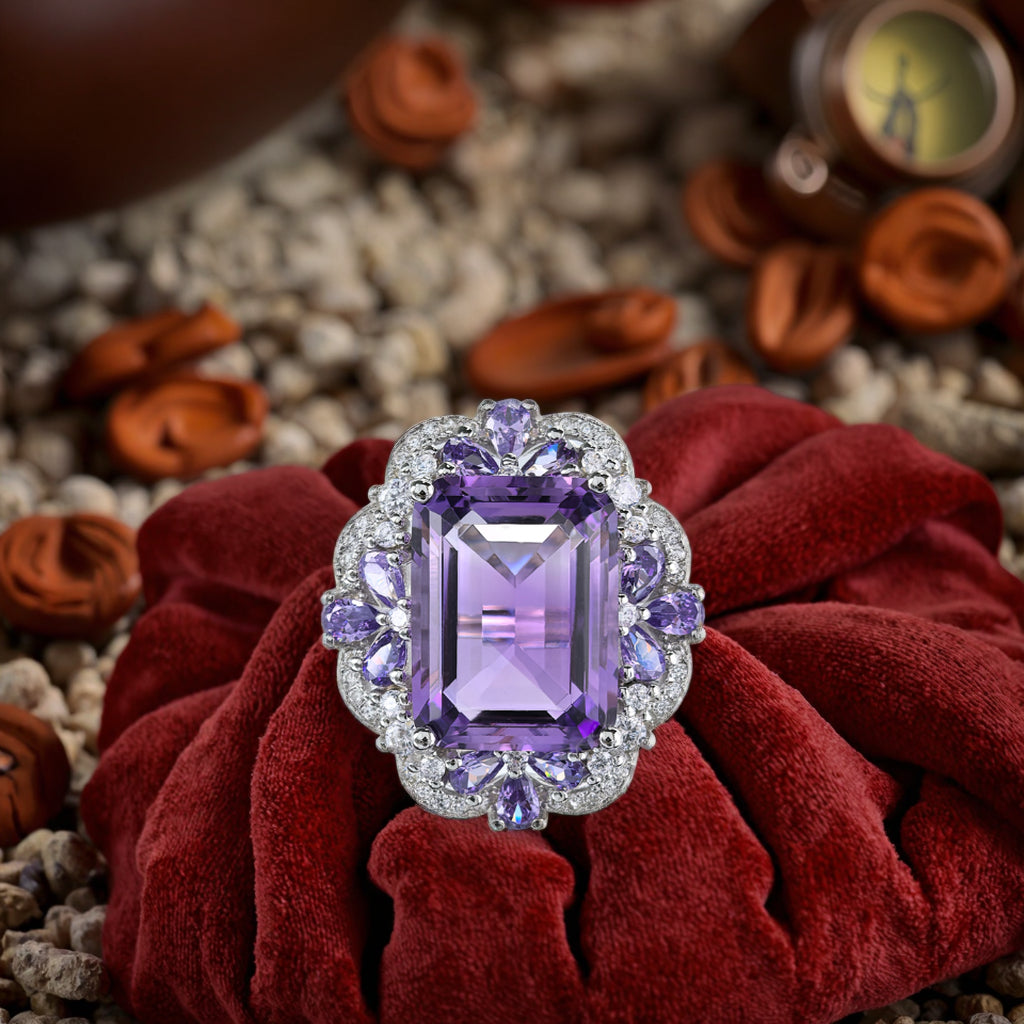 Graceful Rhodium Plated 925 Sterling Silver Natural Amethyst Flower Ring