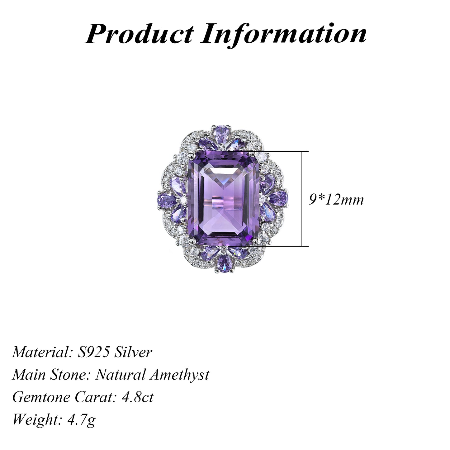 Graceful Rhodium Plated 925 Sterling Silver Natural Amethyst Flower Ring