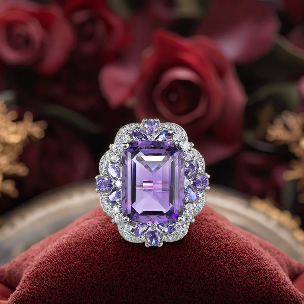 Graceful Rhodium Plated 925 Sterling Silver Natural Amethyst Flower Ring