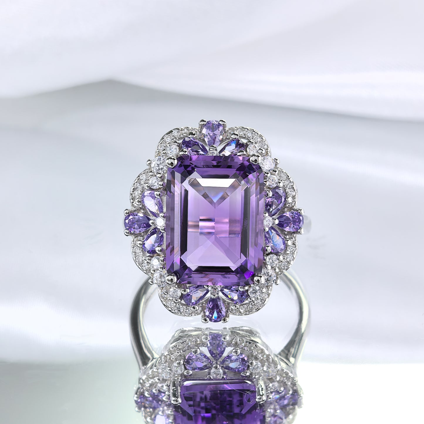 Graceful Rhodium Plated 925 Sterling Silver Natural Amethyst Flower Ring