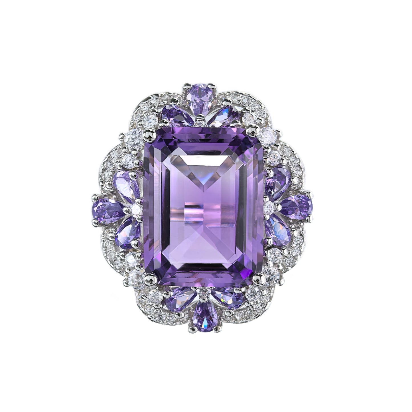 Graceful Rhodium Plated 925 Sterling Silver Natural Amethyst Flower Ring