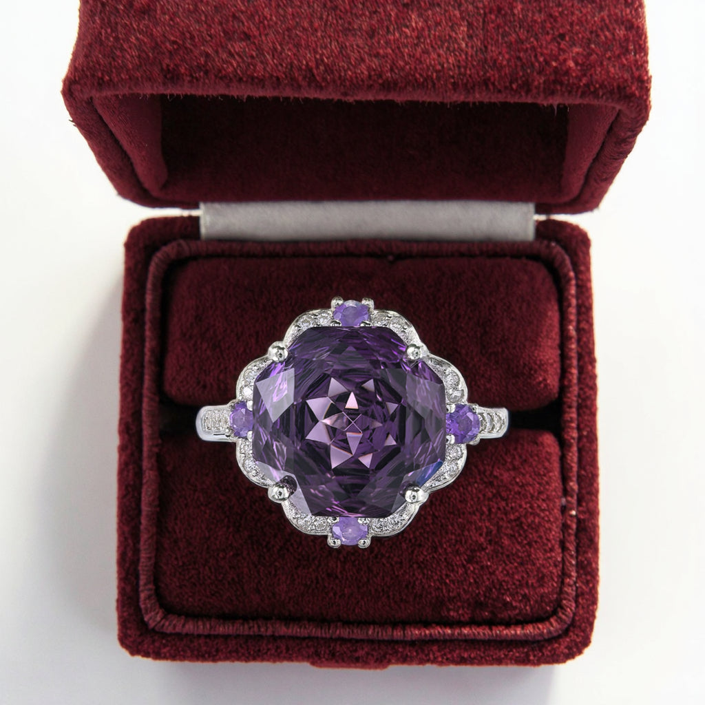 Noble Rhodium Plated Silver 925 Natural Amethyst Ring
