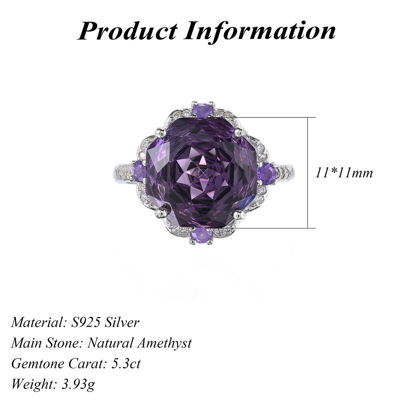 Noble Rhodium Plated Silver 925 Natural Amethyst Ring