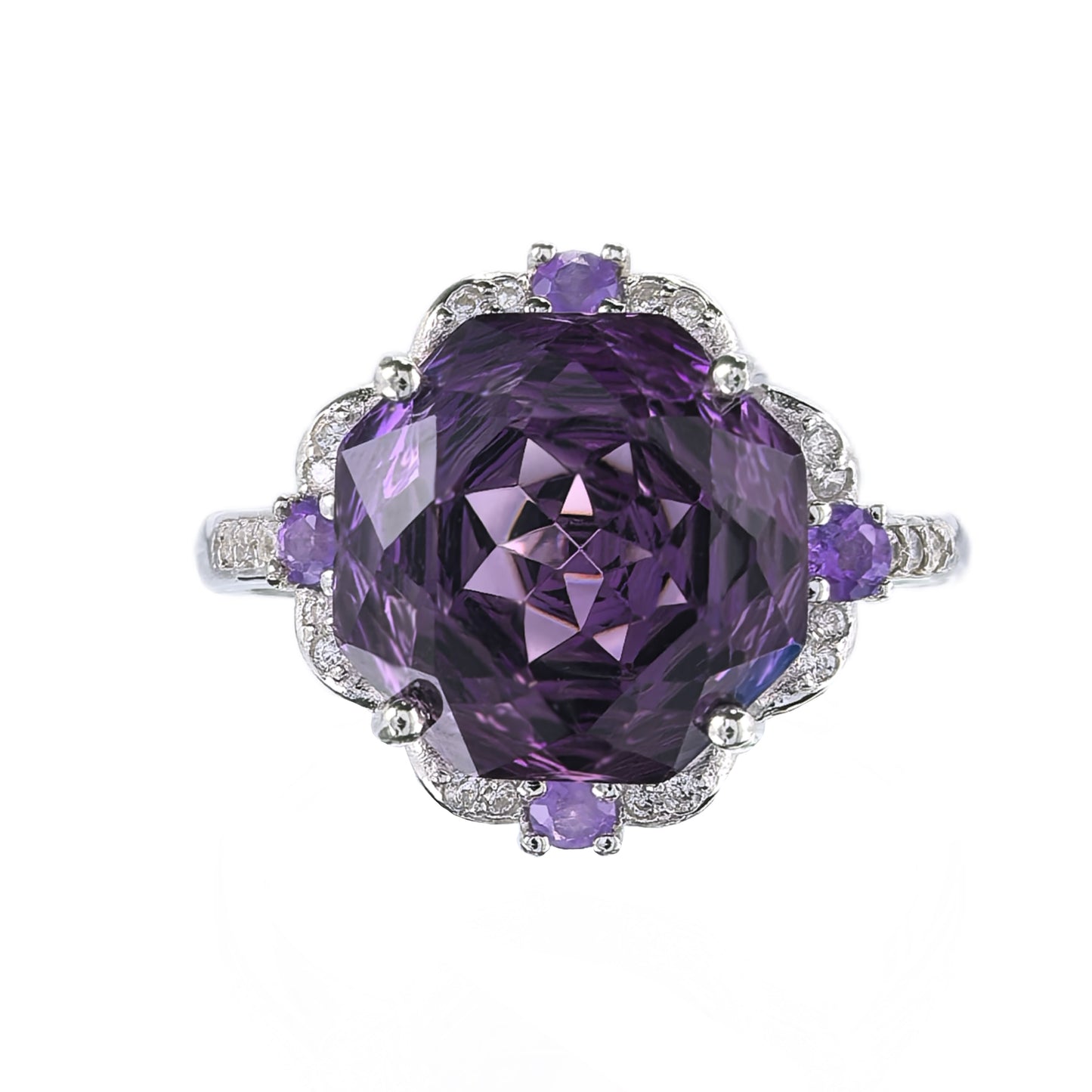 Noble Rhodium Plated Silver 925 Natural Amethyst Ring