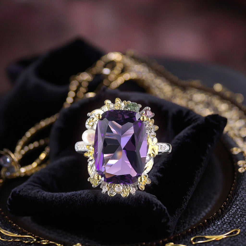 Gorgeous Rhodium Plated 925 Silver Jewelry Natural Amethyst Flower Ring