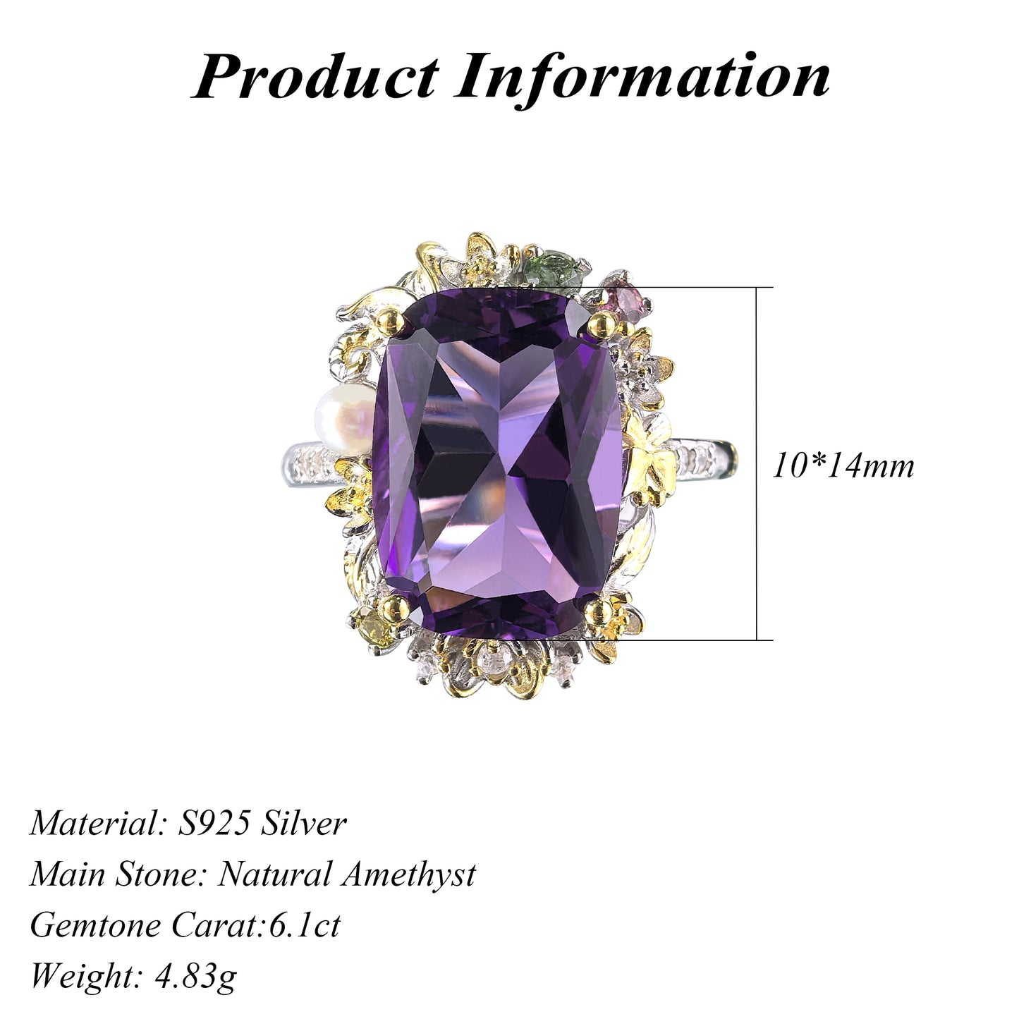 Gorgeous Rhodium Plated 925 Silver Jewelry Natural Amethyst Flower Ring