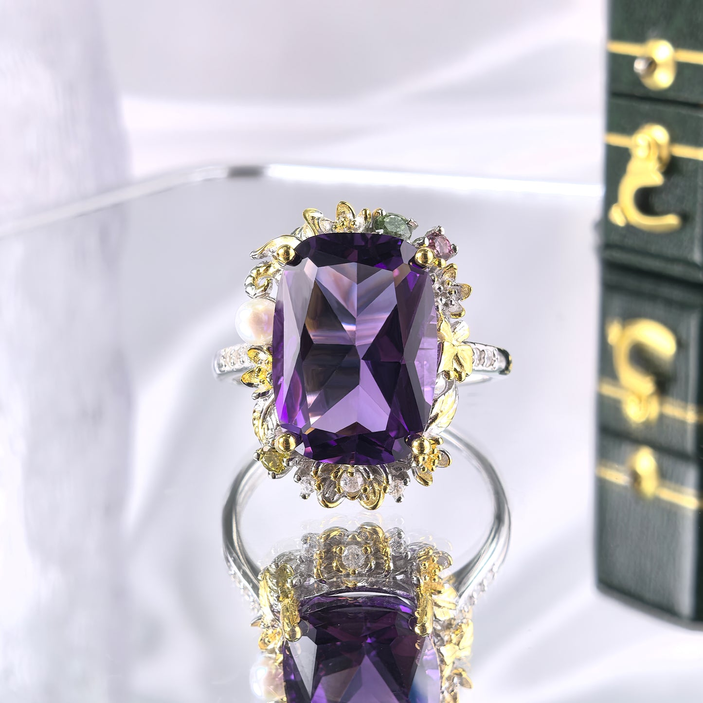 Gorgeous Rhodium Plated 925 Silver Jewelry Natural Amethyst Flower Ring