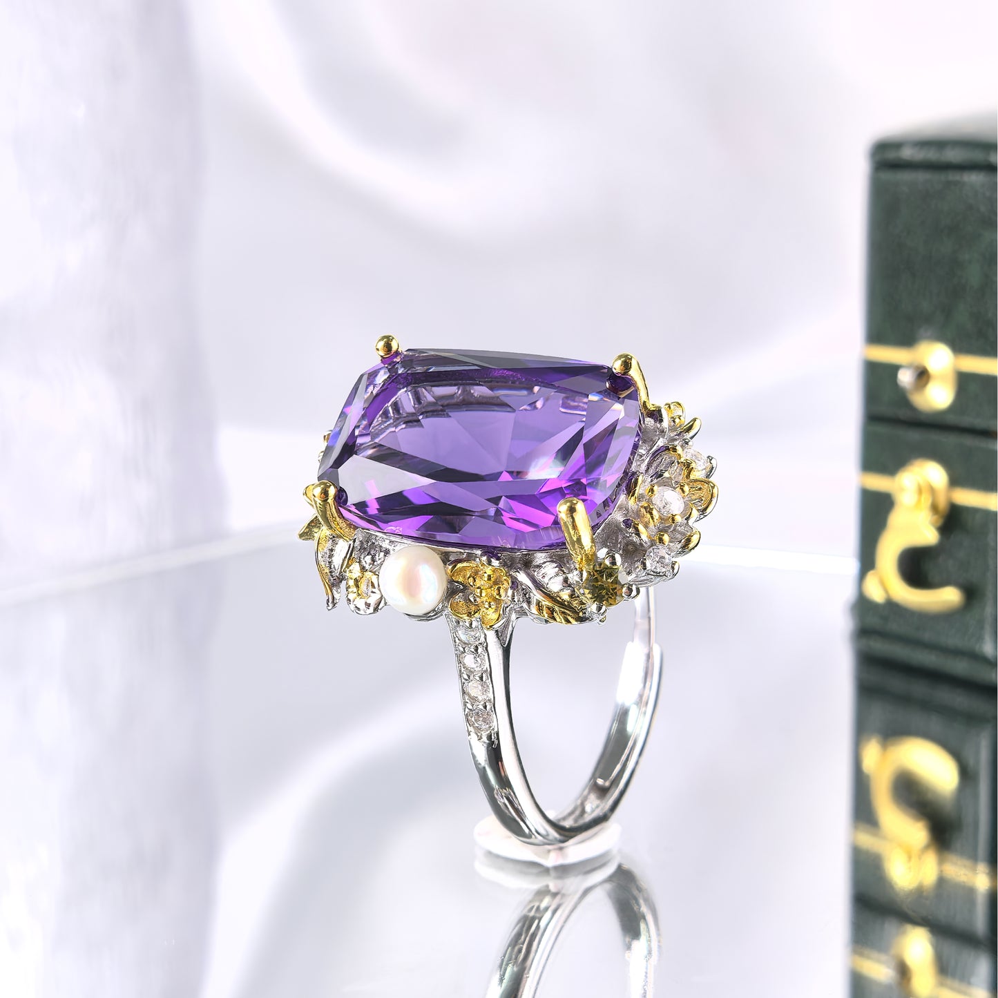 Gorgeous Rhodium Plated 925 Silver Jewelry Natural Amethyst Flower Ring