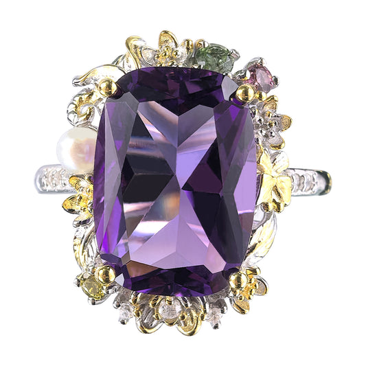 Gorgeous Rhodium Plated 925 Silver Jewelry Natural Amethyst Flower Ring