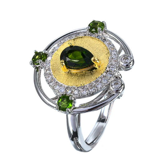 Gorgeous Rhodium and Gold Plated Silver 925 Jewelry Natural Diopside Ring
