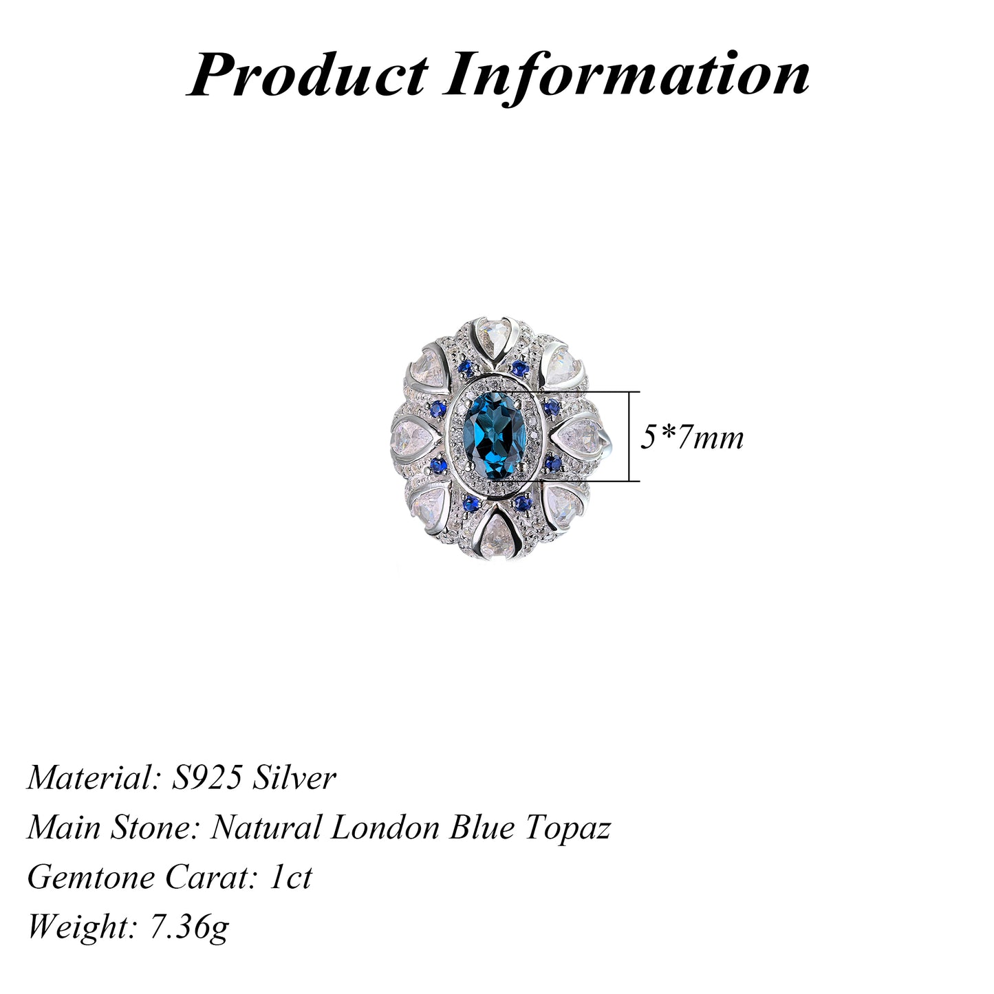 Noble Rhodium Plated 925 Silver Jewelry Natural London Blue Topaz Ring