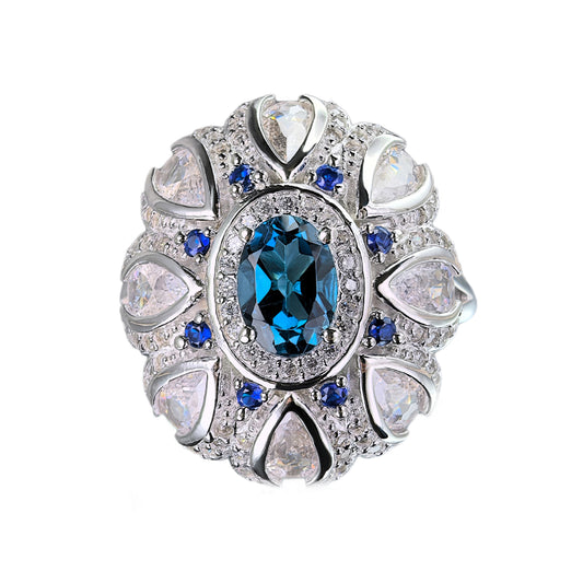Noble Rhodium Plated 925 Silver Jewelry Natural London Blue Topaz Ring