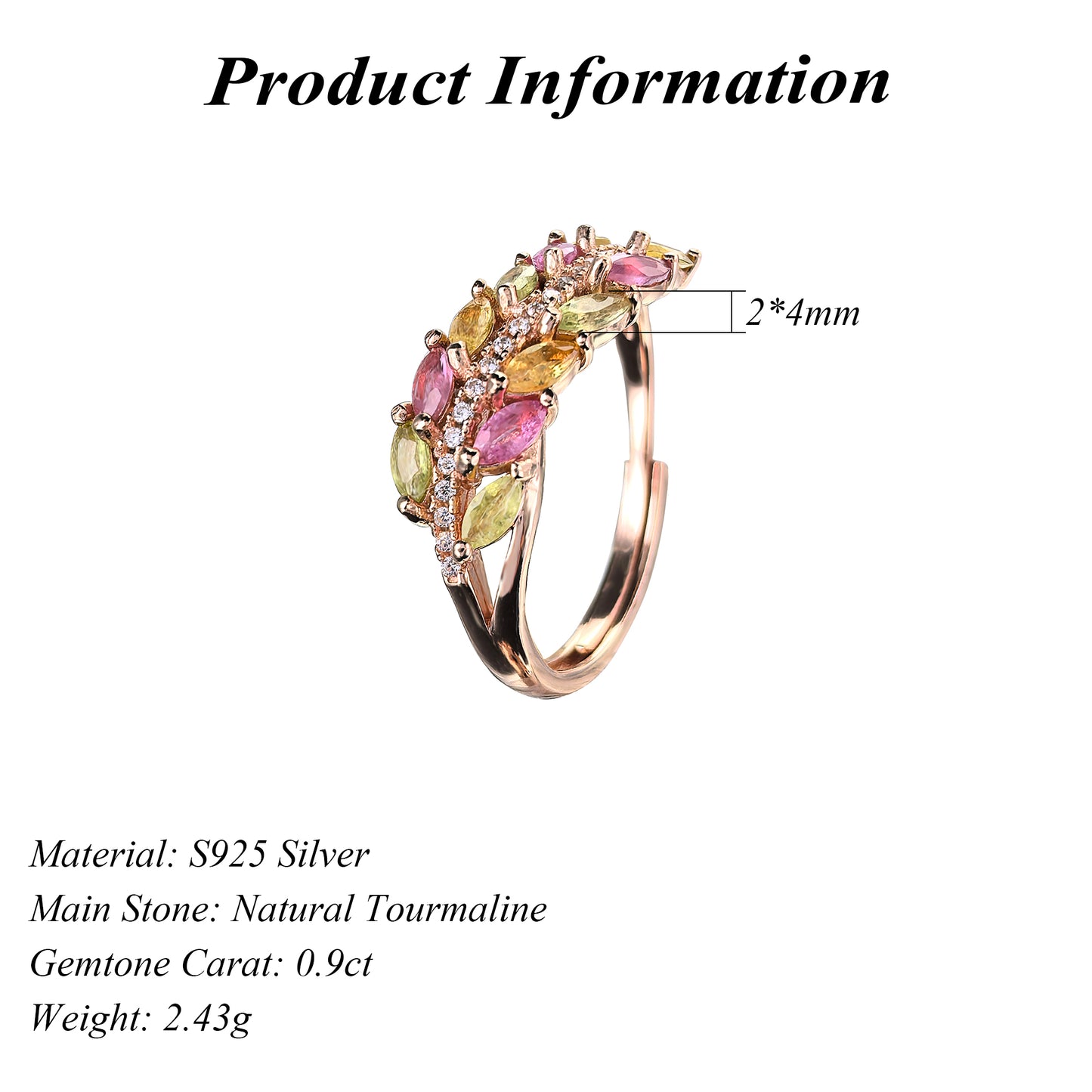 Exquisite 925 Sterling Silver Rose Gold Plated Natural Tourmaline Leaves Ring